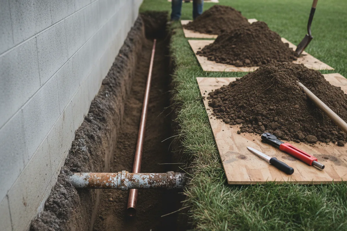 Excavated water line trench during Water Heater Repair in Millville